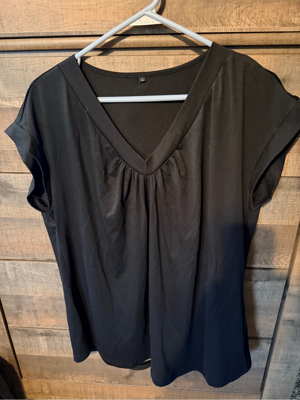 Women's Black V-Neck Short Sleeve Tee - Lightweight Gathered Front